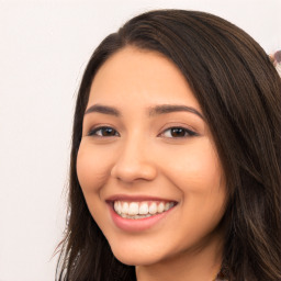 Joyful white young-adult female with long  black hair and brown eyes