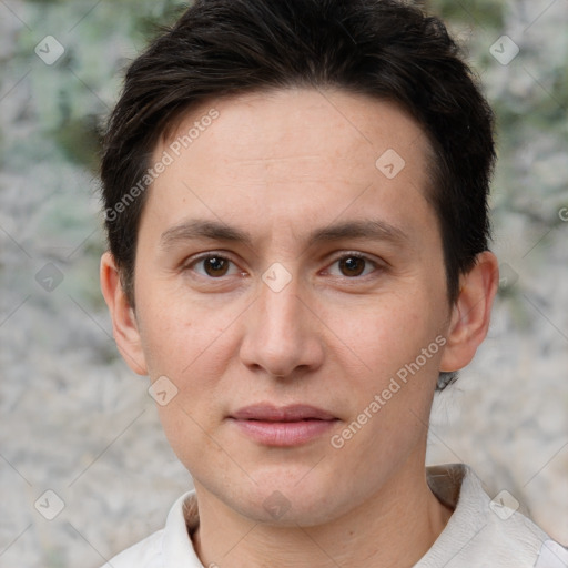 Joyful white young-adult male with short  brown hair and brown eyes