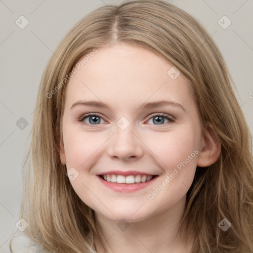 Joyful white child female with long  brown hair and grey eyes