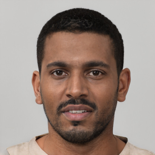 Neutral black young-adult male with short  black hair and brown eyes