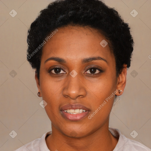 Neutral black young-adult female with short  black hair and brown eyes