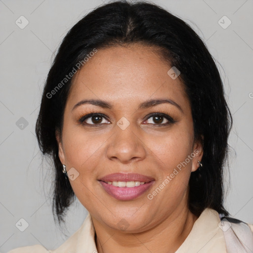 Joyful latino young-adult female with medium  brown hair and brown eyes