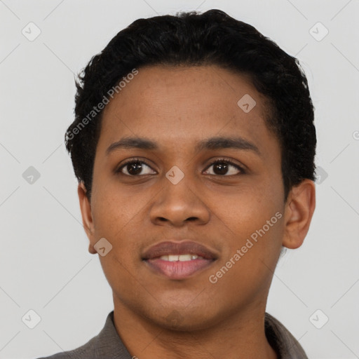 Neutral latino young-adult female with short  black hair and brown eyes