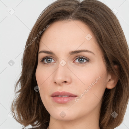 Neutral white young-adult female with long  brown hair and grey eyes