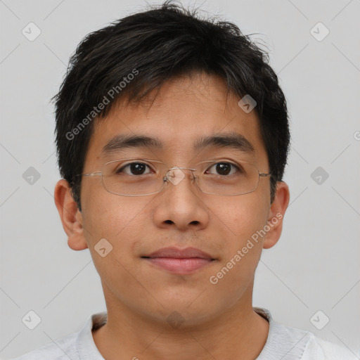 Neutral asian young-adult male with short  brown hair and brown eyes