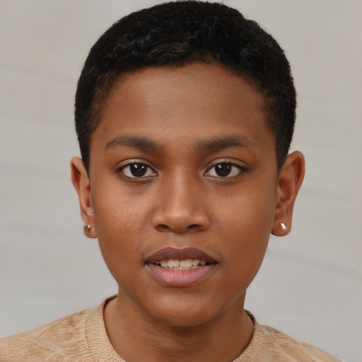 Joyful black young-adult male with short  brown hair and brown eyes