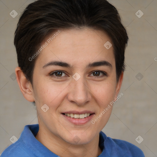 Joyful white young-adult female with short  brown hair and brown eyes