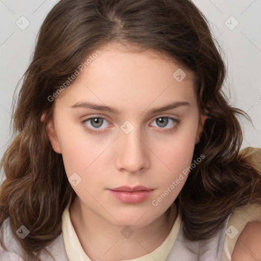 Neutral white young-adult female with medium  brown hair and brown eyes