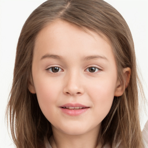 Joyful white child female with long  brown hair and brown eyes