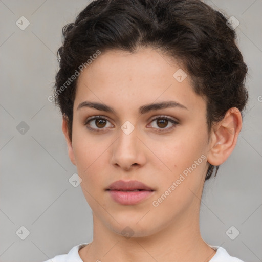 Neutral white young-adult female with short  brown hair and brown eyes