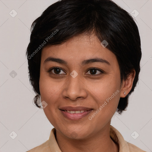 Joyful white young-adult female with medium  brown hair and brown eyes