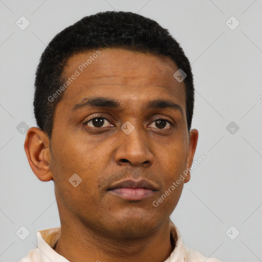 Neutral black young-adult male with short  black hair and brown eyes