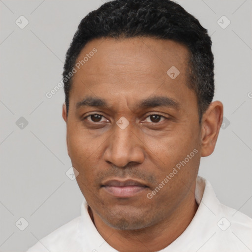 Neutral latino adult male with short  black hair and brown eyes