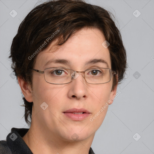 Joyful white adult female with short  brown hair and grey eyes