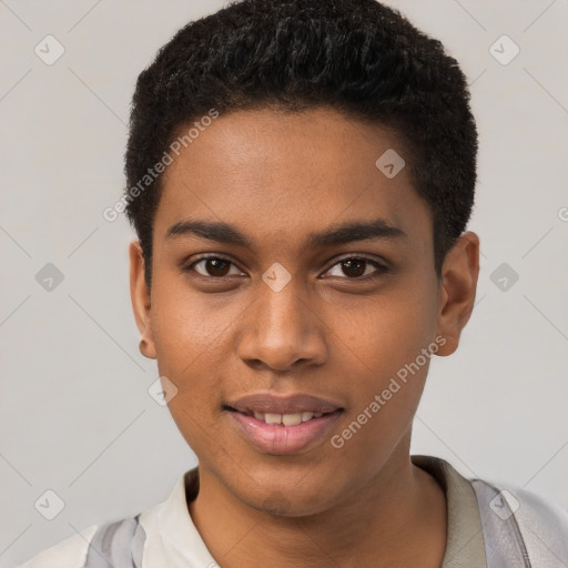 Joyful black young-adult male with short  brown hair and brown eyes