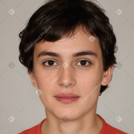 Neutral white young-adult female with short  brown hair and brown eyes