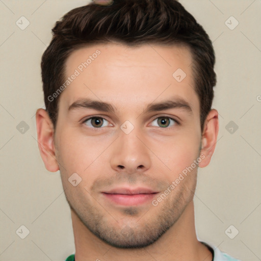 Neutral white young-adult male with short  brown hair and brown eyes