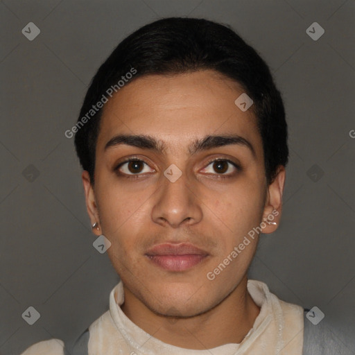 Neutral latino young-adult male with short  black hair and brown eyes