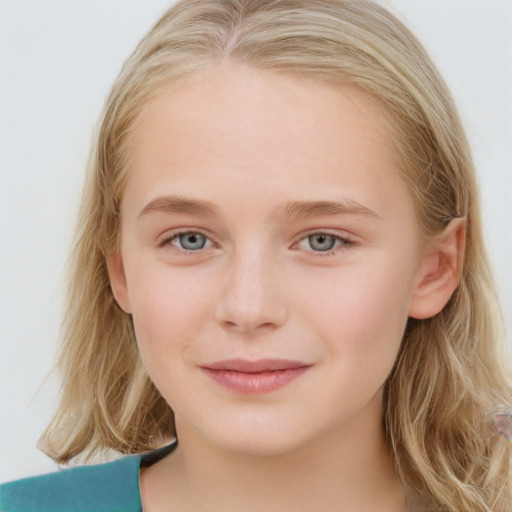 Joyful white child female with medium  brown hair and blue eyes