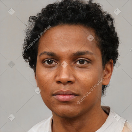 Neutral black young-adult female with short  black hair and brown eyes