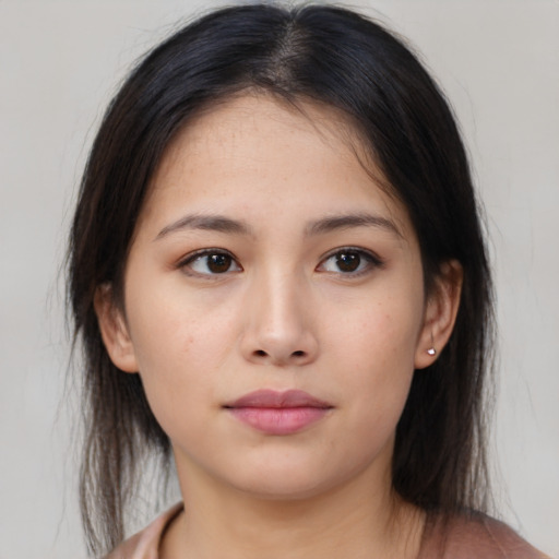 Neutral asian young-adult female with medium  brown hair and brown eyes