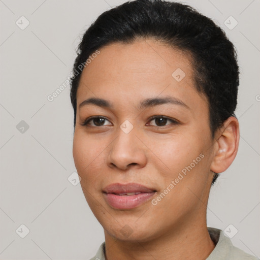 Joyful latino young-adult female with short  black hair and brown eyes