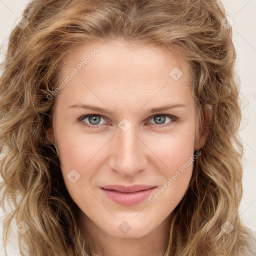 Joyful white young-adult female with long  brown hair and green eyes