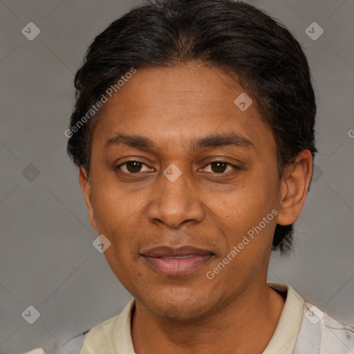 Joyful black adult male with short  brown hair and brown eyes