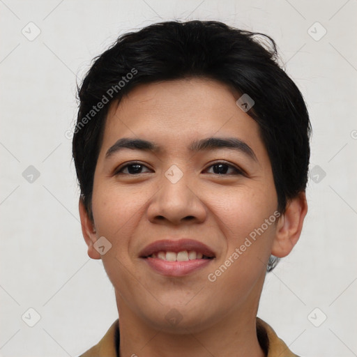 Joyful asian young-adult male with short  black hair and brown eyes