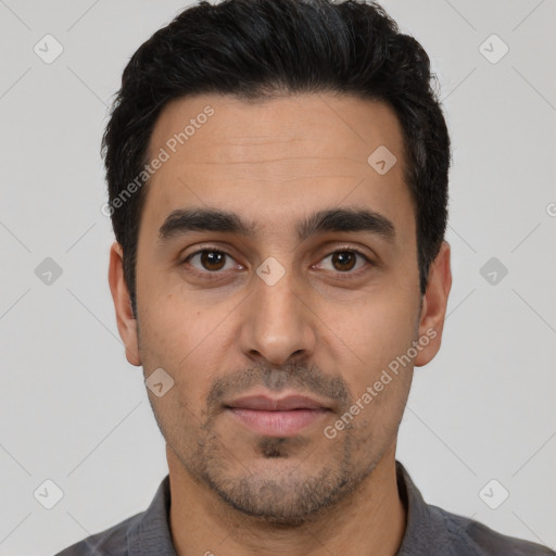 Neutral latino young-adult male with short  black hair and brown eyes