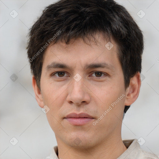 Neutral white young-adult male with short  brown hair and brown eyes