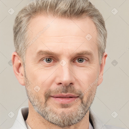 Neutral white adult male with short  brown hair and grey eyes