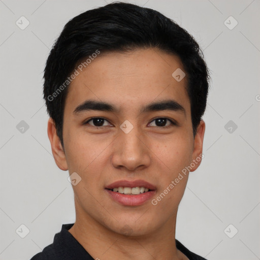 Joyful asian young-adult male with short  black hair and brown eyes