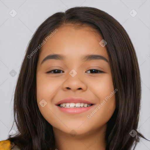 Joyful latino young-adult female with long  brown hair and brown eyes