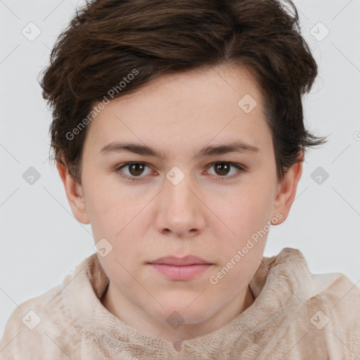 Neutral white young-adult female with short  brown hair and brown eyes