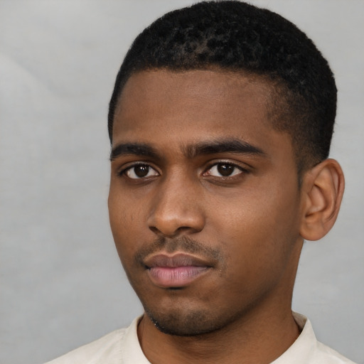 Neutral black young-adult male with short  black hair and brown eyes