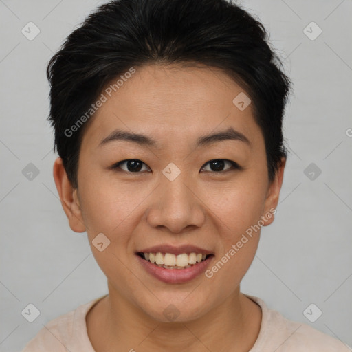 Joyful asian young-adult female with short  brown hair and brown eyes