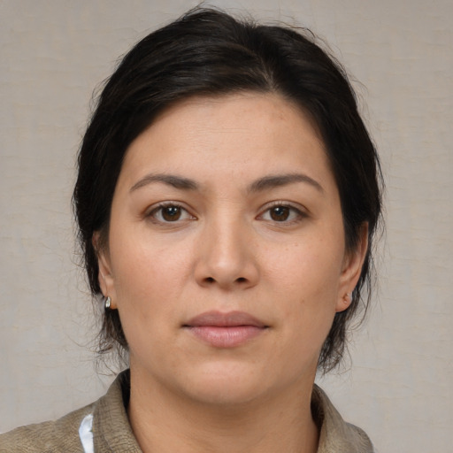 Neutral white young-adult female with medium  brown hair and brown eyes