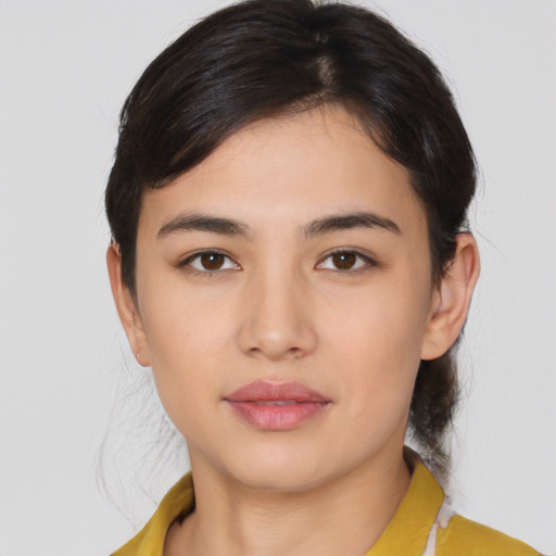 Neutral asian young-adult female with medium  brown hair and brown eyes