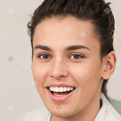 Joyful white young-adult female with short  brown hair and brown eyes