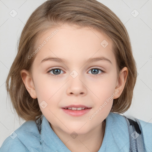 Joyful white child female with medium  brown hair and blue eyes