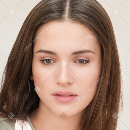 Neutral white young-adult female with long  brown hair and brown eyes