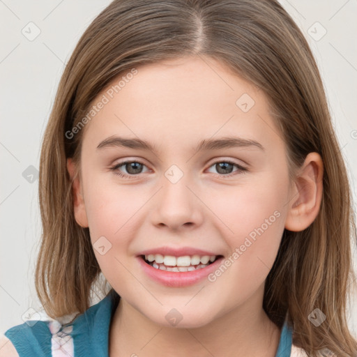 Joyful white child female with medium  brown hair and grey eyes