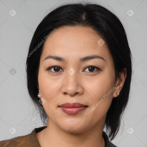 Joyful asian young-adult female with medium  black hair and brown eyes