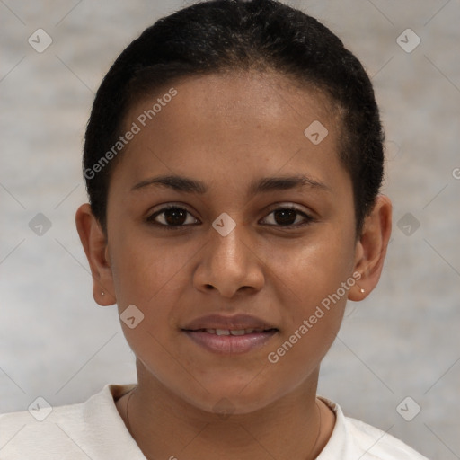 Joyful white young-adult female with short  brown hair and brown eyes
