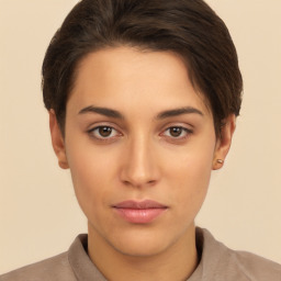 Neutral white young-adult female with short  brown hair and brown eyes