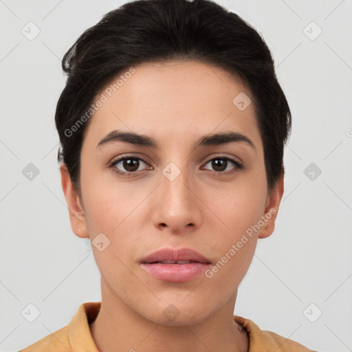 Neutral white young-adult female with short  brown hair and brown eyes