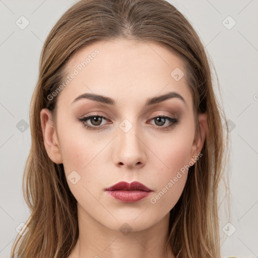 Neutral white young-adult female with long  brown hair and grey eyes