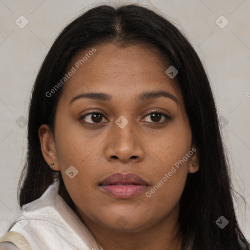 Joyful asian young-adult female with long  brown hair and brown eyes