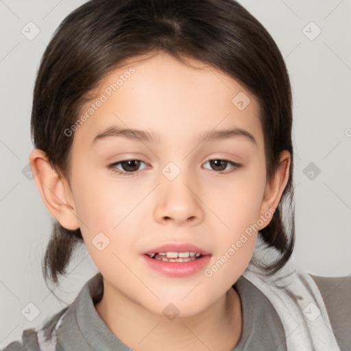 Joyful white child female with medium  brown hair and brown eyes